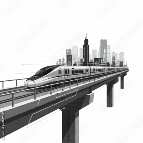 High Speed Train Traveling Across Futuristic City Skyline