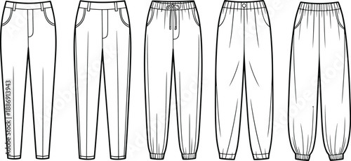 Selection of casual jogger and tapered pants with elasticated cuffs and drawstring or belted waistbands in a minimalist line style