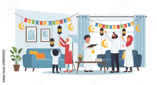 This flat design illustration captures a joyful Muslim family cheerfully decorating their home with festive lanterns and Islamic motifs for the upcoming Eid al-Fitr celebration.