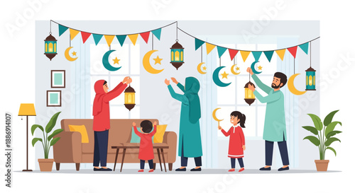 This flat design illustration captures a joyful Muslim family cheerfully decorating their home with festive lanterns and Islamic motifs for the upcoming Eid al-Fitr celebration.