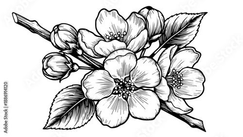 Black and white botanical illustration of a branch with flowers and buds