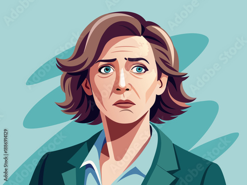 Illustration of a troubled businesswoman. Stress. Mental health. Business setting. Suit.