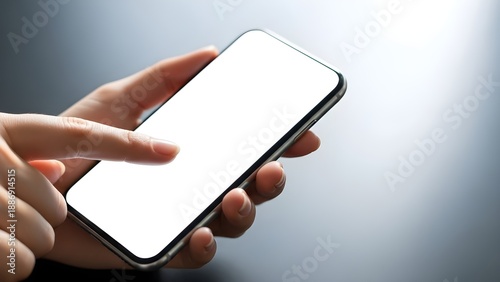 Wallpaper Mural Hands holding a contemporary smartphone with a blank white screen, a finger poised to tap, illustrating modern mobile technology, digital interaction, and customizable app display Torontodigital.ca