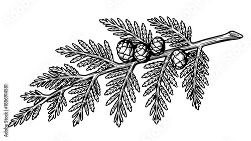 Black and white illustration of a pine branch with needles and pine cones