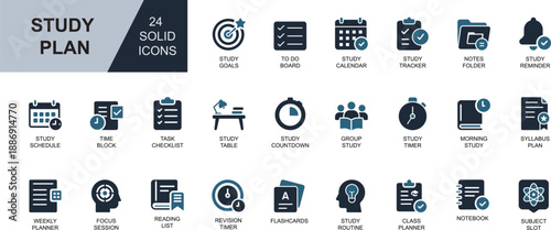 Study plan solid icon set. Featuring schedule, planner, goals, focus, timer, checklist, and revision tools. Perfect for apps, student dashboards, and productivity templates.