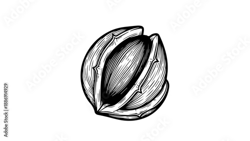 Black and white illustration of a three-dimensional seed pod with intricate details and segmented structure