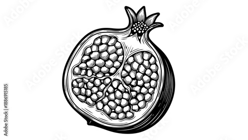 Black and white line art illustration of a bisected pomegranate with visible seeds and calyx