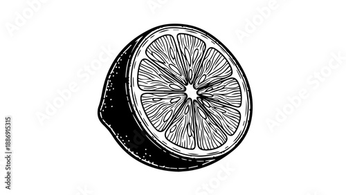 Black and white illustration of a halved citrus fruit cross-section with detailed hand-drawn lines