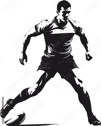 Black and White Rugby Player Silhouette in Dynamic Random Pose