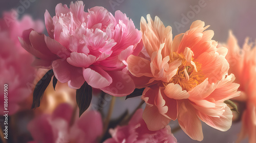 Closeup of pink and peach peonies
