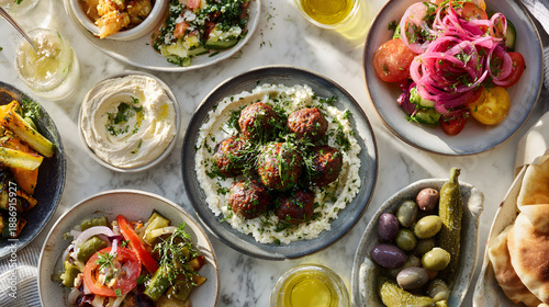 Assorted Mediterranean dishes on marble table