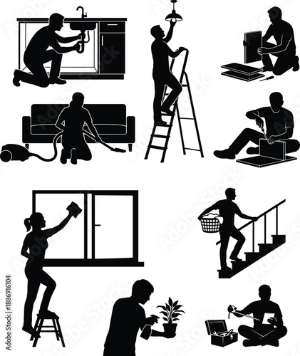 Home Services and Domestic Maintenance Silhouettes Set Featuring Plumber Electrician Cleaner and Household Chores