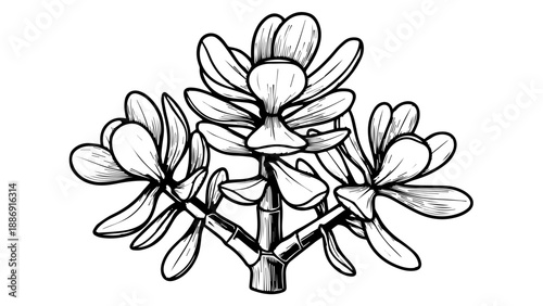 Black and white botanical illustration of symmetrical elongated petals or leaves radiating from a central point