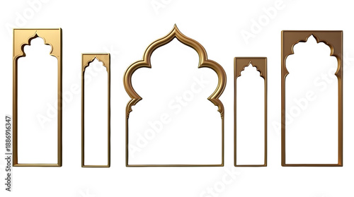 Elegant collection of golden Islamic windows and mosque-style arches, featuring Moroccan gate silhouettes and decorative Ramadan frames in a classic oriental aesthetic.
