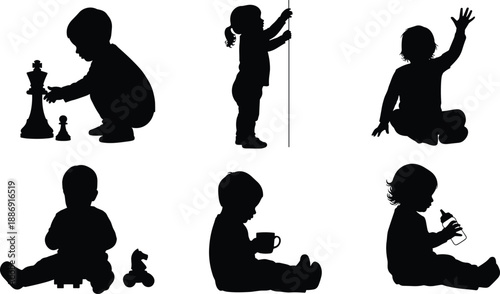 Set of silhouettes of toddlers and young children playing with toys, drinking from bottles, standing, and sitting on white background