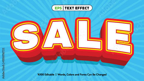 Bright blue background with bold red and white 3d sale typography letters outlined in yellow with shadow effect vibrant eye catching retail promotion design