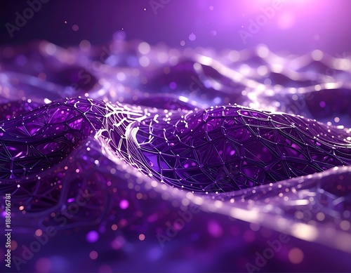 Abstract, glowing purple surface with network lines, lights, and bokeh. Futuristic & iridescent