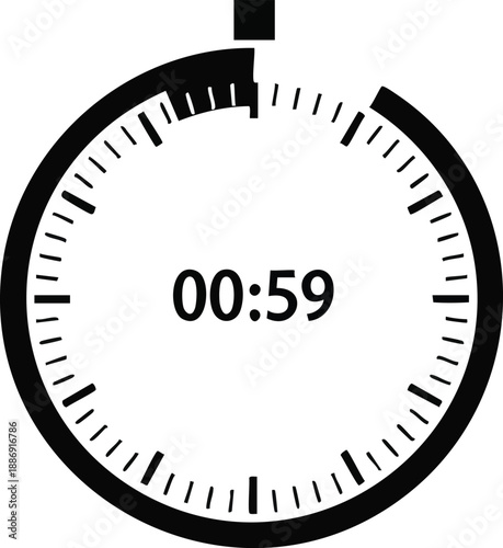 Black and white countdown timer illustration showing 59 seconds remaining, ideal for presentations, videos, events, and time-sensitive projects requiring urgency and clarity.