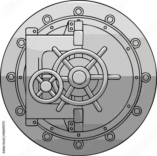 This detailed illustration of a secure bank vault door showcases industrial design with metallic textures and intricate mechanics, ideal for financial and security-themed projects.
