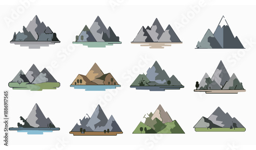 Flat mountain landscape vector illustration set with layered peaks hills and nature elements