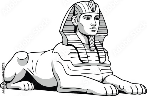 Detailed illustration of a majestic sphinx with a human head, symbolizing ancient Egyptian culture and artistry in black and white.