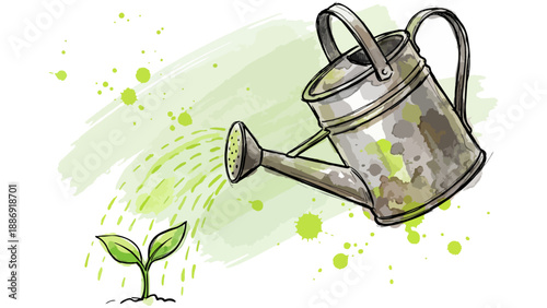 水彩画風のタッチで描かれた錆びたブリキのじょうろが、小さな緑の芽に水を注いでいます。さらさらと降り注ぐ水滴と力強く伸びる若葉は、日々の積み重ねによる成長、未来への希望、そして環境への優しいまなざしを感じさせます。