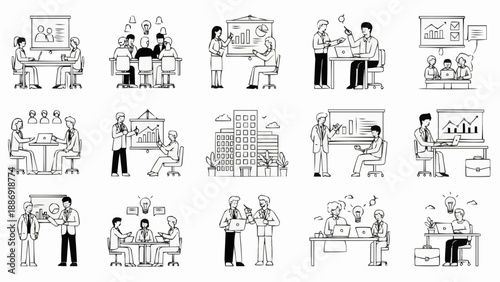 Business meeting and presentation doodle art collection.