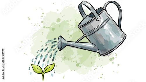水彩画風のタッチで描かれた錆びたブリキのじょうろが、小さな緑の芽に水を注いでいます。さらさらと降り注ぐ水滴と力強く伸びる若葉は、日々の積み重ねによる成長、未来への希望、そして環境への優しいまなざしを感じさせます。