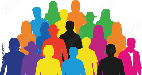A vibrant silhouette of a diverse group of people showcasing various colors and styles, perfect for representing community, teamwork, and multiculturalism in contemporary design.
