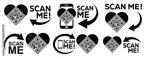 Collection of heart-shaped QR code icons with "Scan Me" text and arrow pointers. Black and white vector set for social media, romantic marketing, donations, and mobile links on a white background.