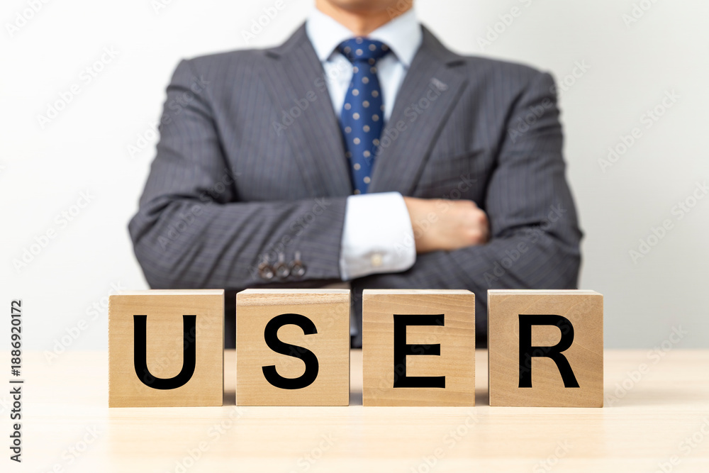 Obraz premium 「USER」と書かれたブロックと腕組みをするビジネスマン