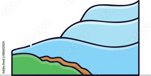 Stylized illustration of serene layered hills and flowing water with a vibrant green landscape, perfect for nature-themed projects and environmental campaigns.