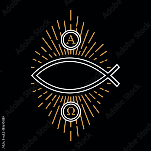 Illustration of Jesus Fish Christian Symbol Ichthys radiating rays of light. Vector Line Art Easy to Change Colors. Concept of Jesus Christ, Religion, God, Faith, Bible.