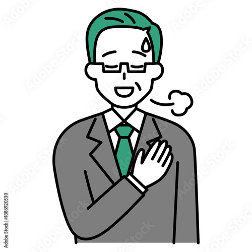 胸に手を当ててホッとする中年のスーツの男性