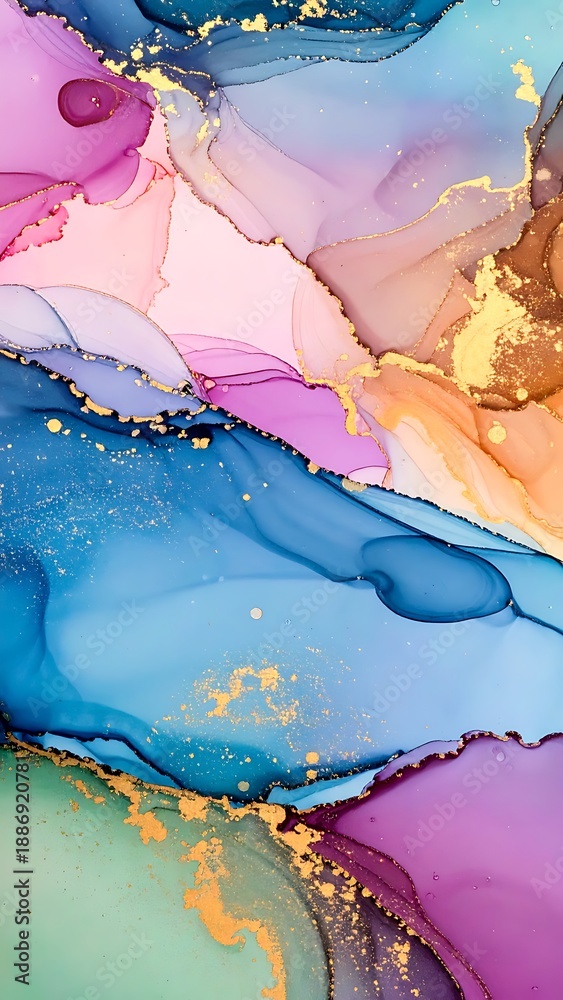 Fototapeta premium Abstract artwork featuring blended pinks, blues, greens, and golds creating a fluid, swirling, and marbled effect
