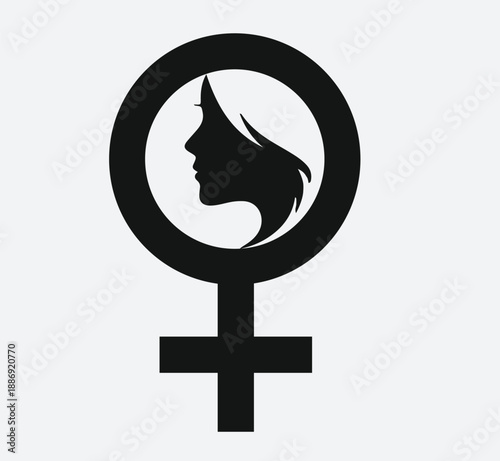 Female Gender Symbol with Woman Profile Silhouette, Feminism and Equality Vector Icon