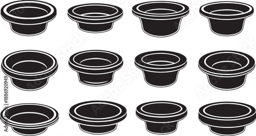 Set of empty black bowls on white background illustration