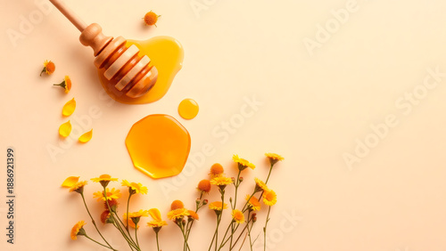 Honey Drizzle with Flowers - Natural Wellness Banner. AI generated image.