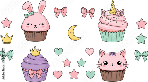 Cute kawaii cupcake characters with bunny, unicorn, and cat faces, decorated with bows, stars, hearts, and moon in pastel dessert vector style