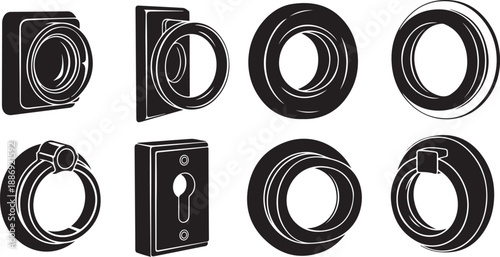Door handles and knobs in black and white illustration
