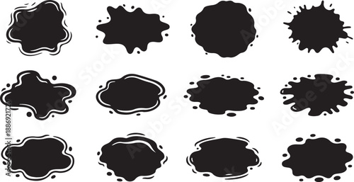 Collection of black ink splatters and stains on white