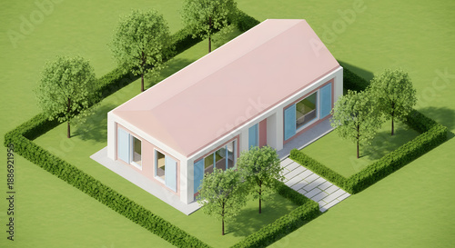 Modern isometric 3D render of a residential house with a pink roof, garden hedges, and lawn