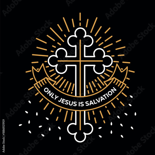 Christian Cross with Rays, seeds and a ribbon with the phrase Only Jesus Is Salvation. Latin Cross Vector Line Art Illustration. Easy to Change Colors. Concept of Religion, God, Jesus Christ, Bible.