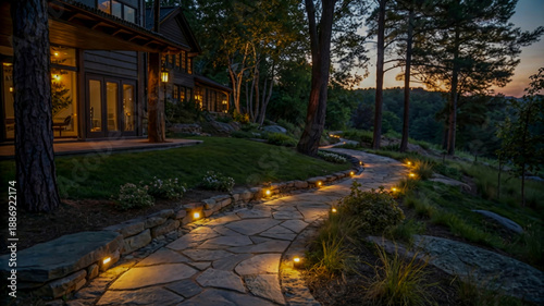 A serene evening setting of a house nestled amidst tall trees. A stone pathway, illuminated by small embedded lights, meanders from the house's entrance to the foreground
