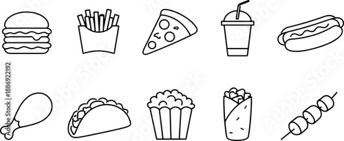 Set of black line icons representing fast food and street food items including burger, fries, soda, hot dog, pizza, chicken leg, taco, ice cream, skewer, and food truck. Minimalist outline icon set te