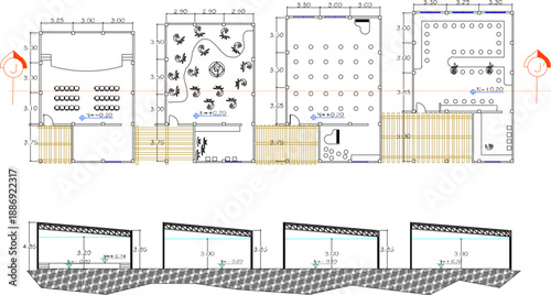Vector sketch illustration silhouette design architectural engineering drawing of a cafe restaurant auditorium simple performance building with construction details
