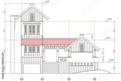 Vector sketch illustration silhouette design of architectural engineering drawing of a simple colonial house building with construction details on a scale 