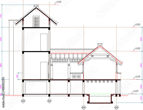 Vector sketch illustration silhouette design of architectural engineering drawing of a simple colonial house building with construction details on a scale
