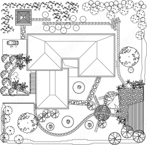 vector sketch illustration silhouette design engineering drawing architecture building landscape site plan simple house with garden