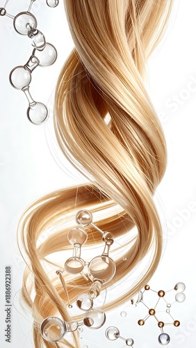 A strand of golden, wavy hair with atom models surrounding it, against a white background, suggesting science and beauty